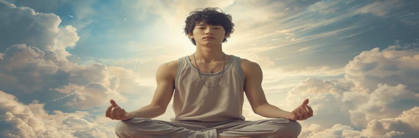 Man meditating peacefully, focusing on positive energy and manifestation alignment during a calm morning routine.