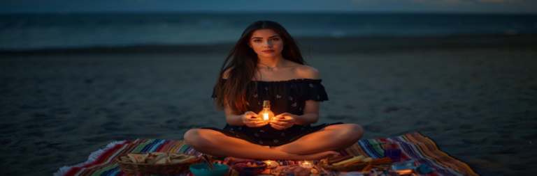Woman meditating with glowing light energy around her