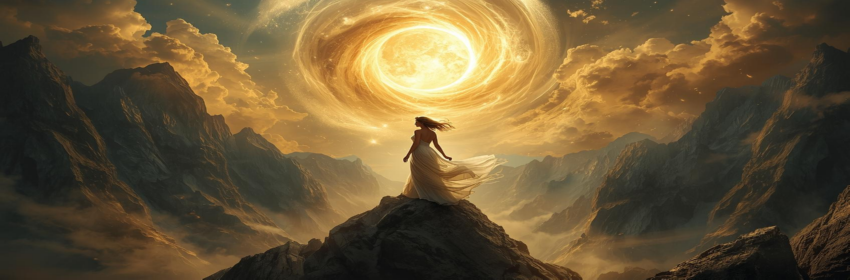 Woman in dress under swirling sky