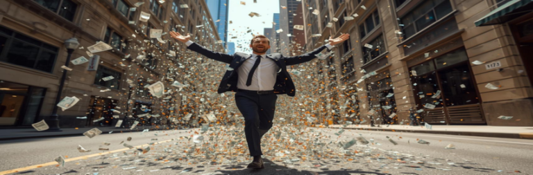 Man celebrating amidst flying money.